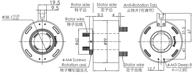 uh3899-01UH3899-01系列USB2.0滑环（USB旋转连接器） 系列滑环外形图纸