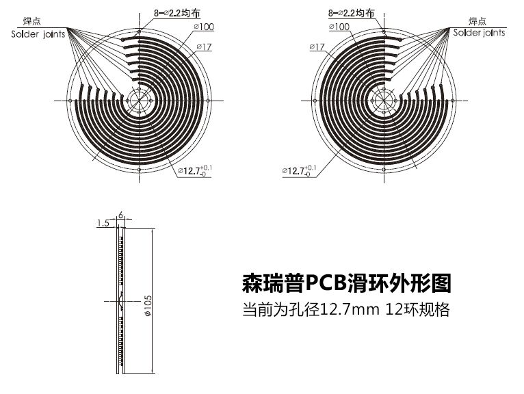 内径12.7mm总环数12的PCB板米兰体育最近消息外形尺寸图